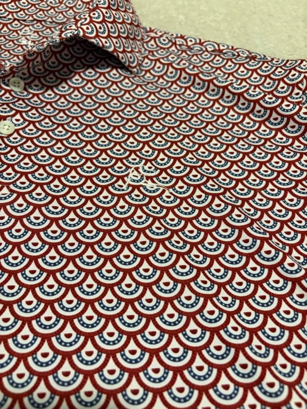 Rhoback Men's “The Bunting” Red White Navy Patterned Polo Shirt XL - Picture 3 of 6